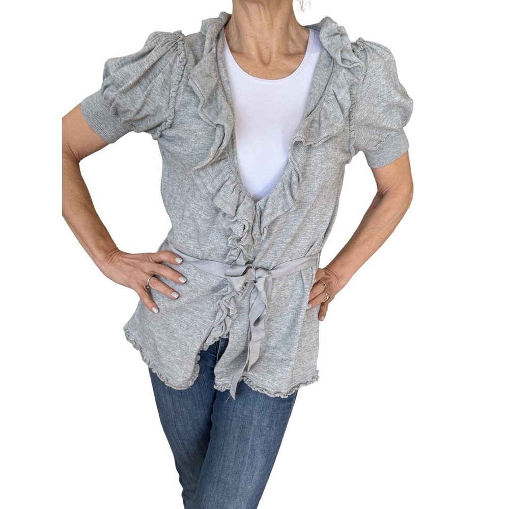 Magaschoni Gray Cashmere V-Neck Ruffle Cardigan Sweater Belted  Large NWT $220
